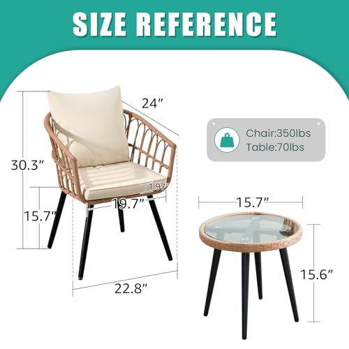 Patio Bistro Set, Outdoor Wicker Table and 2 Chairs with Cushions Y870346