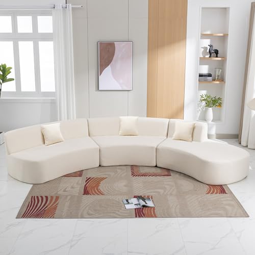 Curved Chenille Sectional Sofa with Three Throw Pillows, Beige G426741