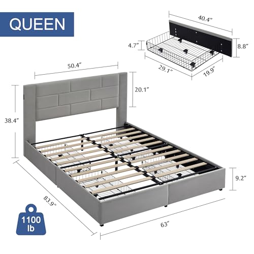 Queen Size Bed Frame with 4 Storage Drawers, Upholstered Platform Bed with Velvet Headboard and Charging Station, Beige P5623