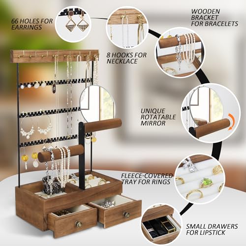 Jewelry Holder Organizer with Mirror, 9 Hooks and 2 Drawers U4195