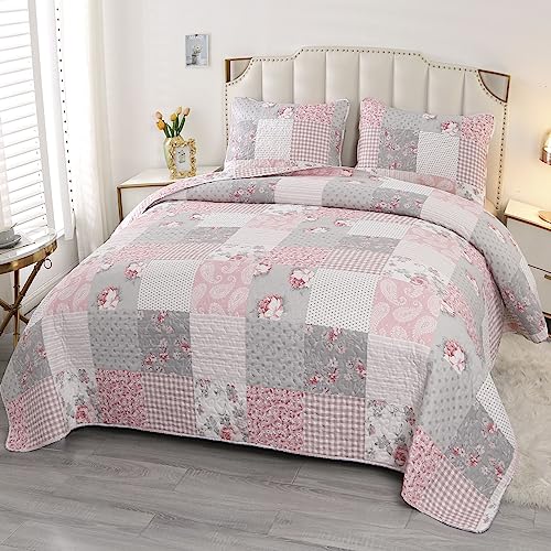 Pink Plaid Patchwork Quilt Set with Reversible Floral Design R1794