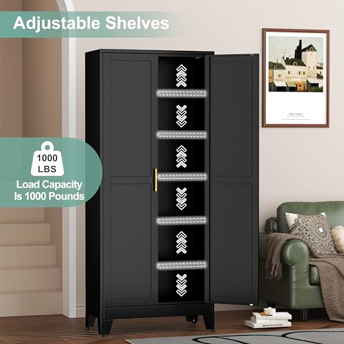 Metal Pantry Cabinet with 2 Doors and 5 Adjustable Shelves, 75" Kitchen Storage, White K306