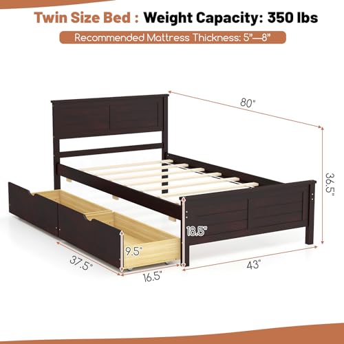 Twin Size Bed Frame with 2 Drawers and Solid Wood Headboard T9379
