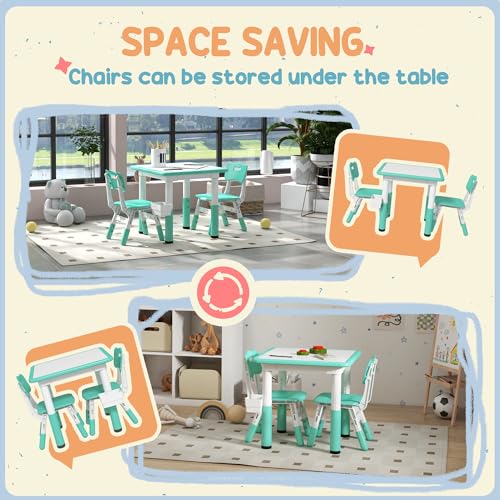 Kids Table and Chairs Set, Height Adjustable Toddler Furniture with Storage, Green J4290