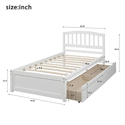 Twin Platform Bed with 2 Storage Drawers, Solid Wood Frame with Headboard H569756