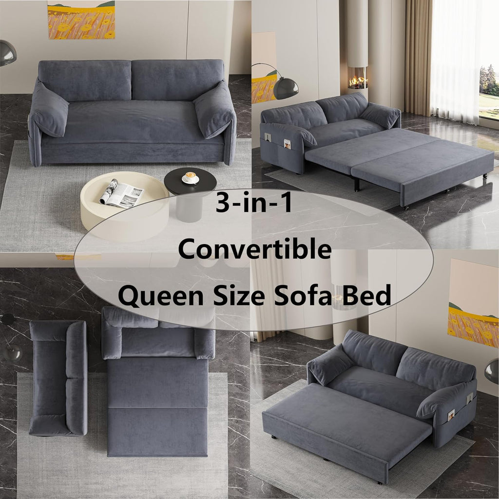 Queen Pull Out Sofa Bed 3-in-1 Convertible Sleeper with 2 Pillows, Velvet Loveseat, Grey J633351