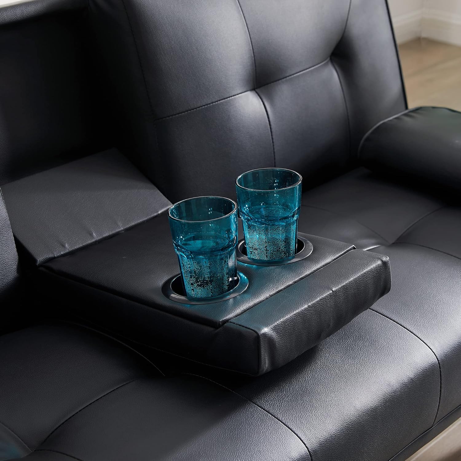 Faux Leather Loveseat Sofa Bed with Cup Holders Q6690