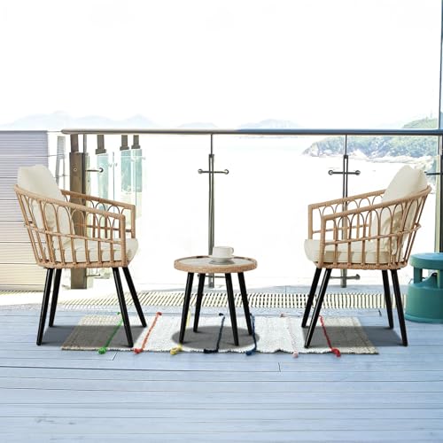 Patio Bistro Set, Outdoor Wicker Table and 2 Chairs with Cushions Y870346