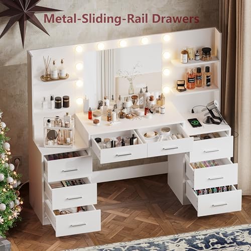 Large Vanity Desk with Mirror and Lights, White Makeup Vanity with Power Outlet, 8 Drawers U4403