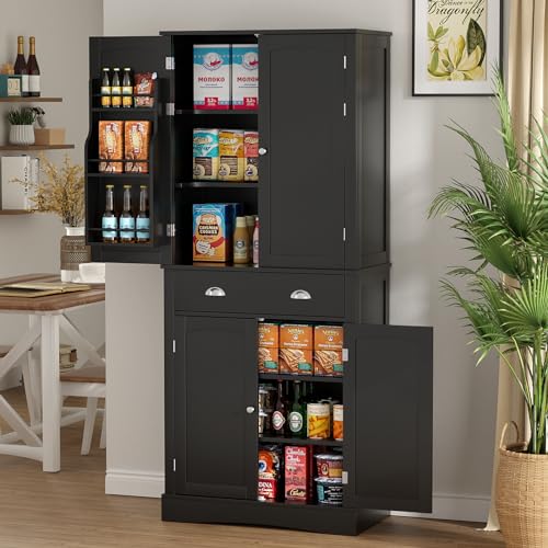 Kitchen Pantry Cabinet with 4 Doors and 1 Drawer, Tall Storage Cabinet with Adjustable Shelves A2129
