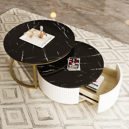 Round Nesting Coffee Table with Drawer, White & Gold N86769