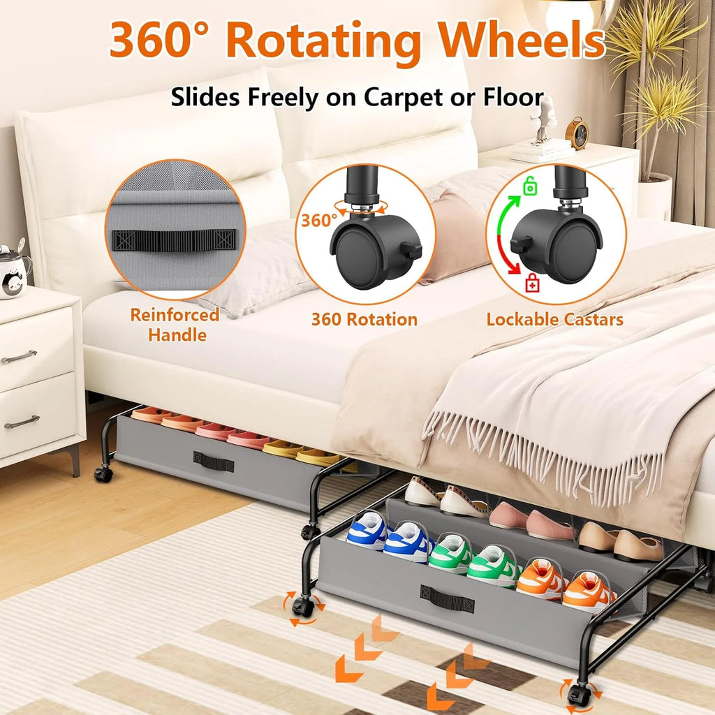 Rolling Under Bed Shoe Storage with Breathable Mesh Pockets, 2 Pack S158725