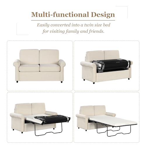 Pull Out Sofa Bed with Twin Mattress Pad for Living Room, Beige S87451