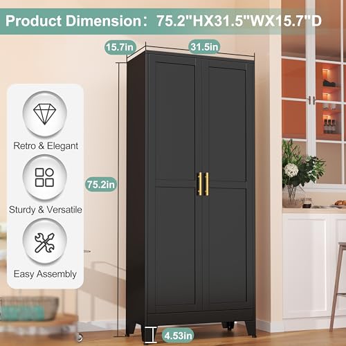 Metal Pantry Cabinet with 2 Doors and 5 Adjustable Shelves, 75" Kitchen Storage, White K306