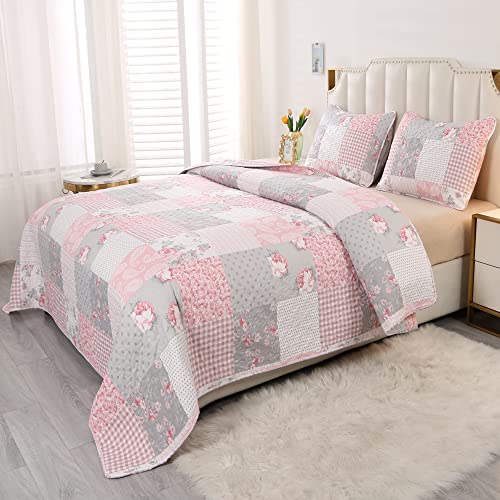 Pink Plaid Patchwork Quilt Set with Reversible Floral Design R1794