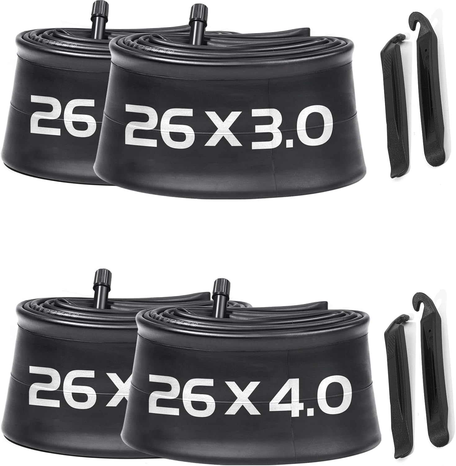 2 Pack 26x3.0-3.5, 2 Pack 26x3.5-4.5 Fat Bike Tube with AV 32mm Valve, Premium Butyl Rubber 26 x 3.5 Fat Tire Bike Tubes with 2 Tire Levers, Bike Tube for Road/MTB/E Bike by