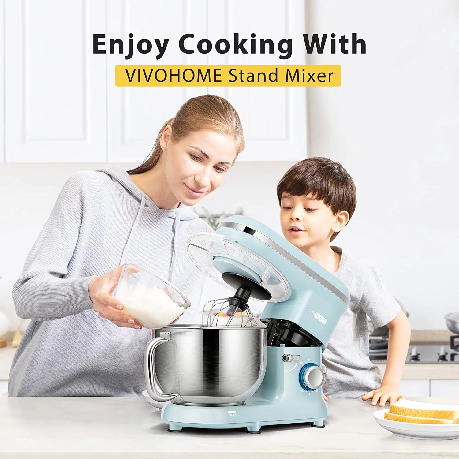 Stand Mixer, 660W 10 Speed 6 Quart Tilt-Head Electric Food Mixer with Beater, Dough Hook, Wire Whip E769