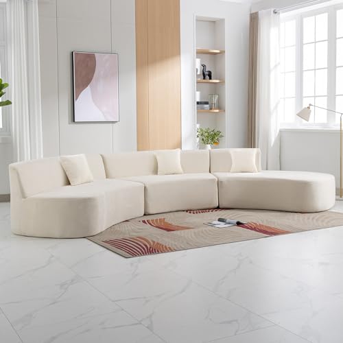 Curved Chenille Sectional Sofa with Three Throw Pillows, Beige G426741