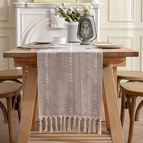 Rustic Linen Table Runner Farmhouse Striped Embroidered Boho 90 Inches Long Table Runners Hollow Handmade Woven Tassel for Kitchen Dining Holiday Wedding Party Home Decor ( Dusty Blue, 14" W X 90" L)