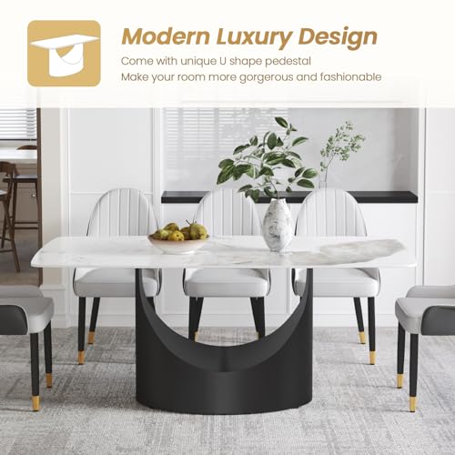 63" White Marble Sintered Stone Top Rectangular Dining Table with U-Shape Black Carbon Steel Pedestal C59820