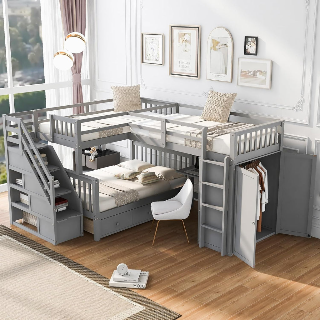 Twin-Twin Over Full L-Shaped Bunk Bed W/3 Drawers Wardrobe Solid Wood W/Portable Desk Ladder Guardrail Grey Modern Contemporary Unisex Nature Space Pine Finish