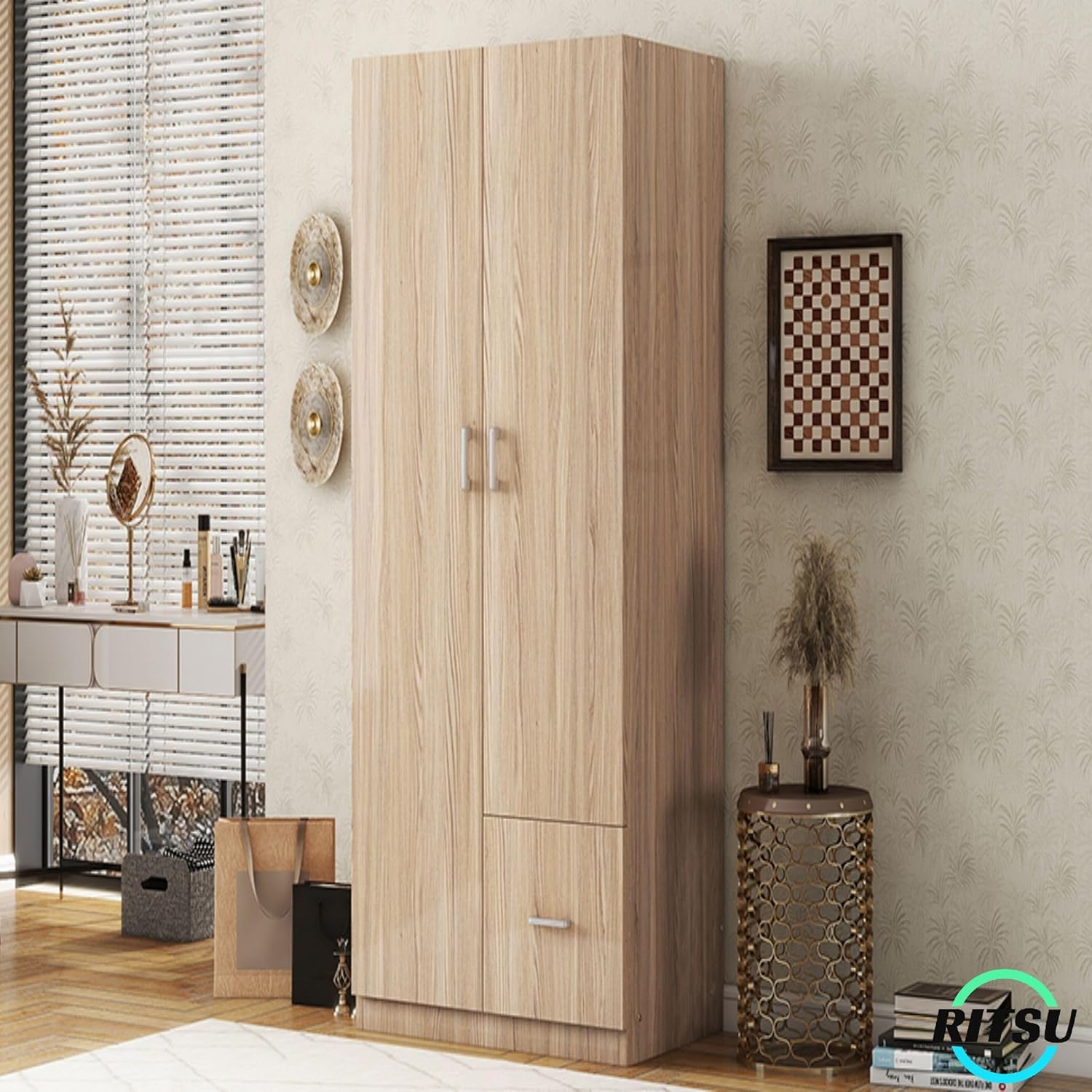 Freestanding 2-Door Wardrobe with 5 Shelves and Hanging Rod W76771