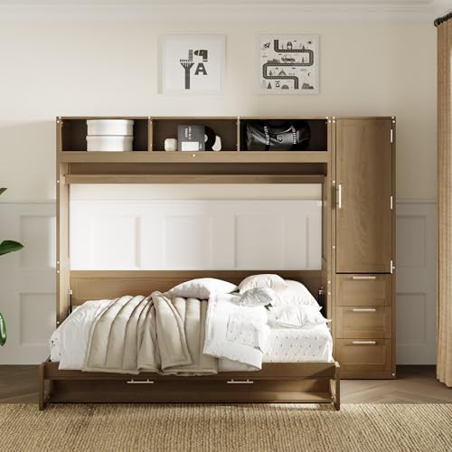 Murphy Bed with Wardrobe, Solid Wood Wall Bed with Drawers and Shelves M422945