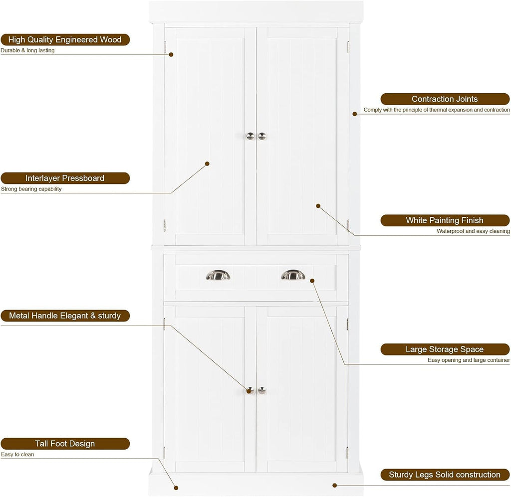 Freestanding Kitchen Pantry Cabinet with Doors and Shelves, White X325899