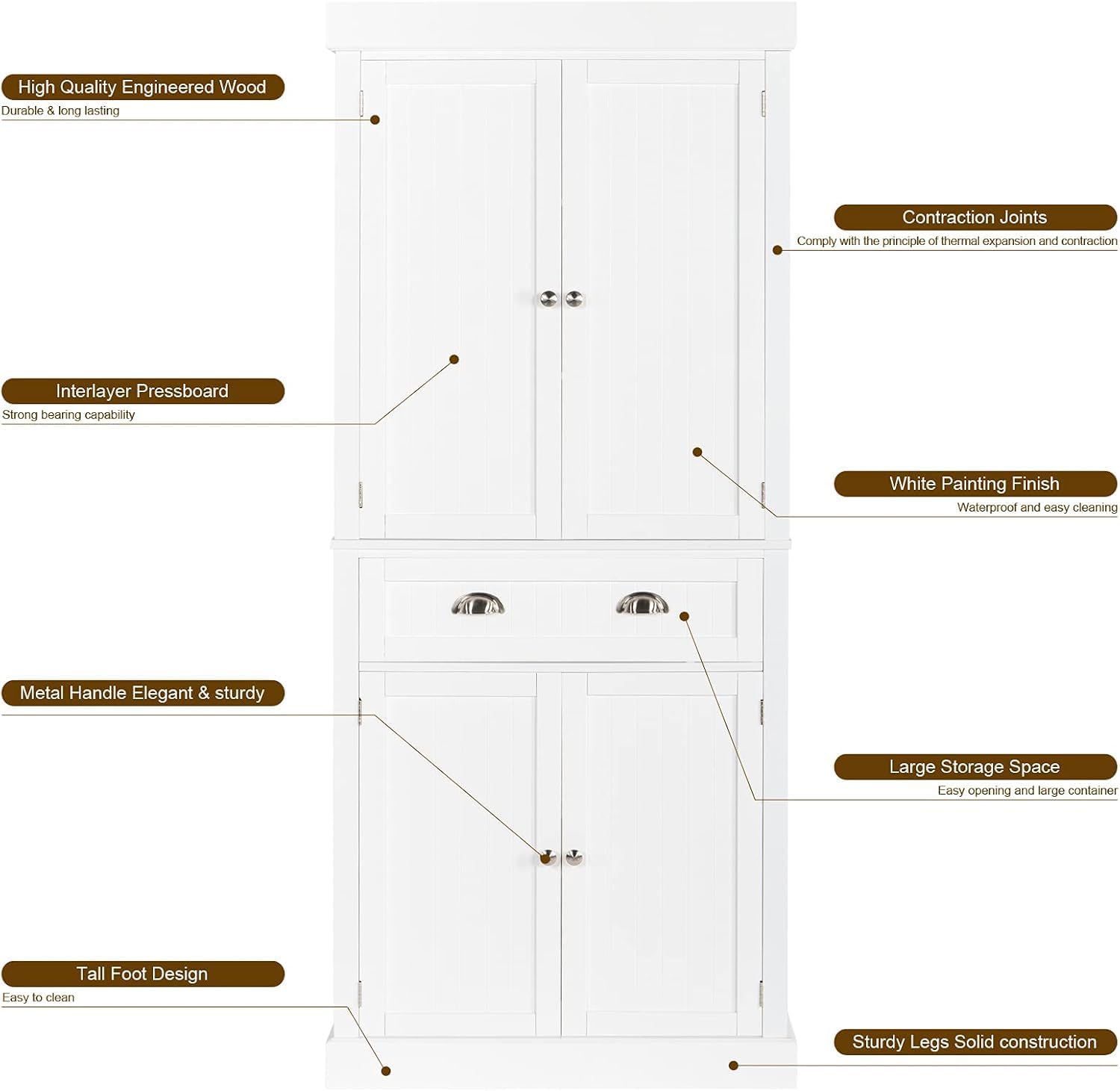 Freestanding Kitchen Pantry Cabinet with Doors and Shelves, White X325899
