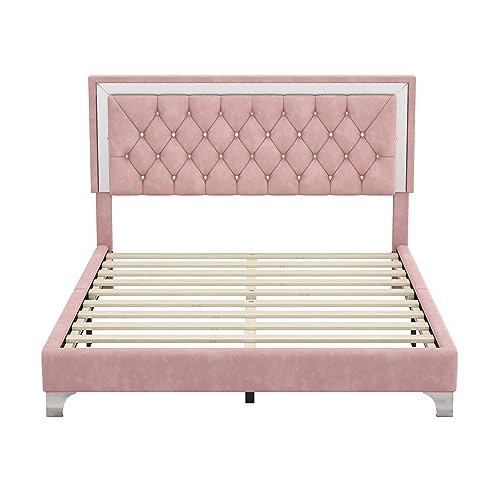 Queen Size Upholstered Platform Bed with LED Lights and 2 Nightstands E200234