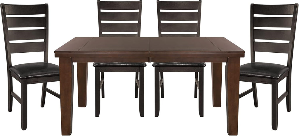 Contemporary Dark Oak Finish Dining 5pc Set Table w Self-Storing Leaf and 4X Side Chairs Solid Clean Lines Design Furniture
