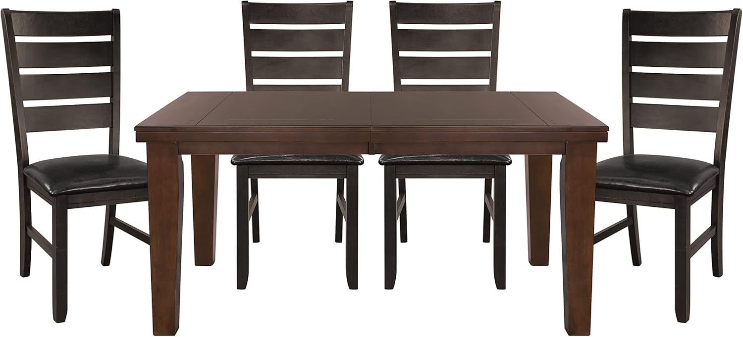Contemporary Dark Oak Finish Dining 5pc Set Table w Self-Storing Leaf and 4X Side Chairs Solid Clean Lines Design Furniture