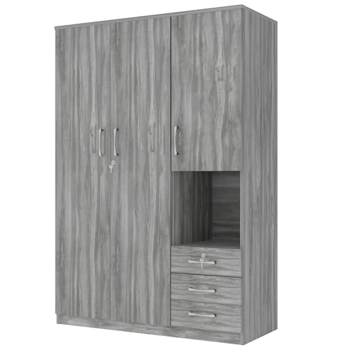 Wooden Wardrobe Closet Organizer with Drawers, Hanging Rail and Shelves, 3 Doors, Grey K181254