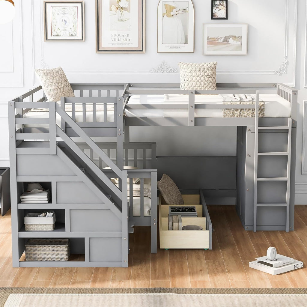 L-Shaped Bunk Bed with 3 Drawers Wardrobe and Desk G677