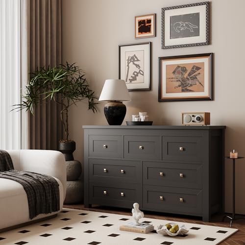 7 Drawer Dresser for Bedroom, Farmhouse Wood Chest with Metal Handle, Black E162