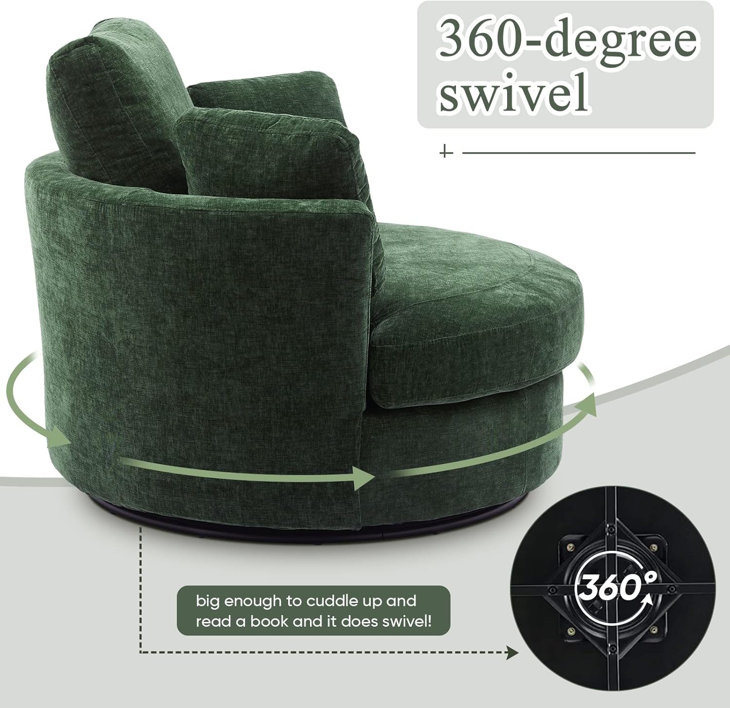 Boucle Swivel Barrel Chair with 3 Pillows, Green Chenille D465544