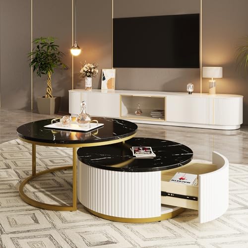 Round Nesting Coffee Table with Drawer, White & Gold N86769