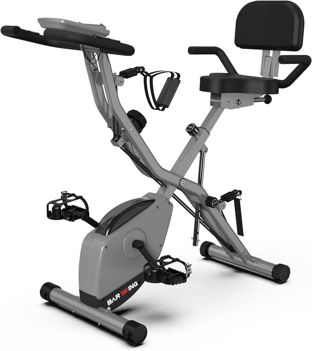 KURONO Stationary Exercise Bike for Home Workout |2023 Upgraded 4 IN 1 Foldable Indoor Cycling Bike for Seniors | 330LB Capacity, 16-Level Magnetic Resistance,Adjustments Cement Grey