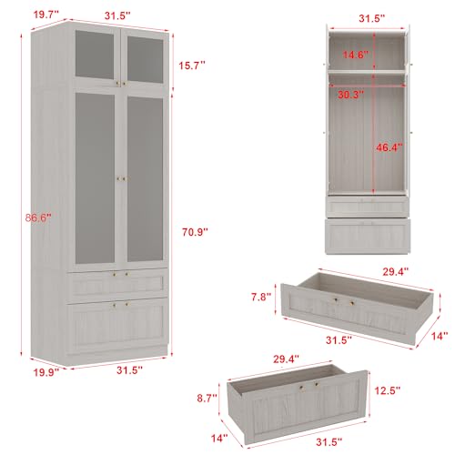 Large Wardrobe Cabinet with Frosted Glass Doors and Hanging Rod Z737