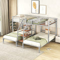 Versatility Full-Over-Twin-Twin Bunk Bed with Wardrobe and Mirror, Solid Wood Triple Bunk Bed Frame with Safety Guardrail and Built-in Shelves, 3 Beds in 1 for Kids Teens Adults (Grey-Mi)