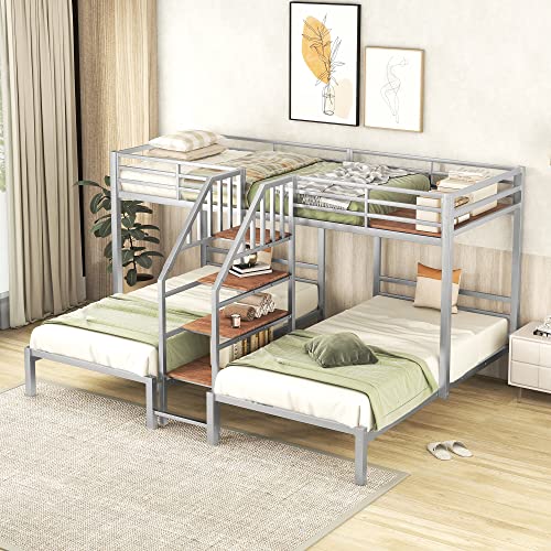Versatility Full-Over-Twin-Twin Bunk Bed with Wardrobe and Mirror, Solid Wood Triple Bunk Bed Frame with Safety Guardrail and Built-in Shelves, 3 Beds in 1 for Kids Teens Adults (Grey-Mi)
