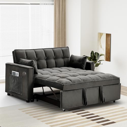 3 in 1 Convertible Sleeper Sofa Couch with Pullout Bed, Adjustable Pull Out Loveseat Sofa with USB Port & Pocket, Modern 2 Seater Chaise Lounge for Living Room, Small Spaces, Black Velvet