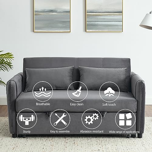 Convertible Sofa Bed with Pull-Out Bed, Velvet, Adjustable Backrest, Grey Q843