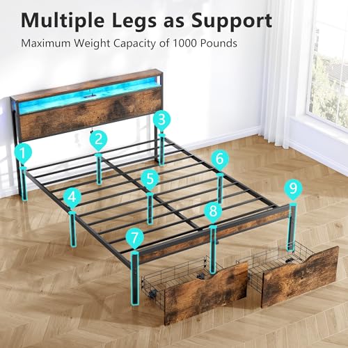 Vintage Brown Bed Frame with LED Light and Charging Station H930800
