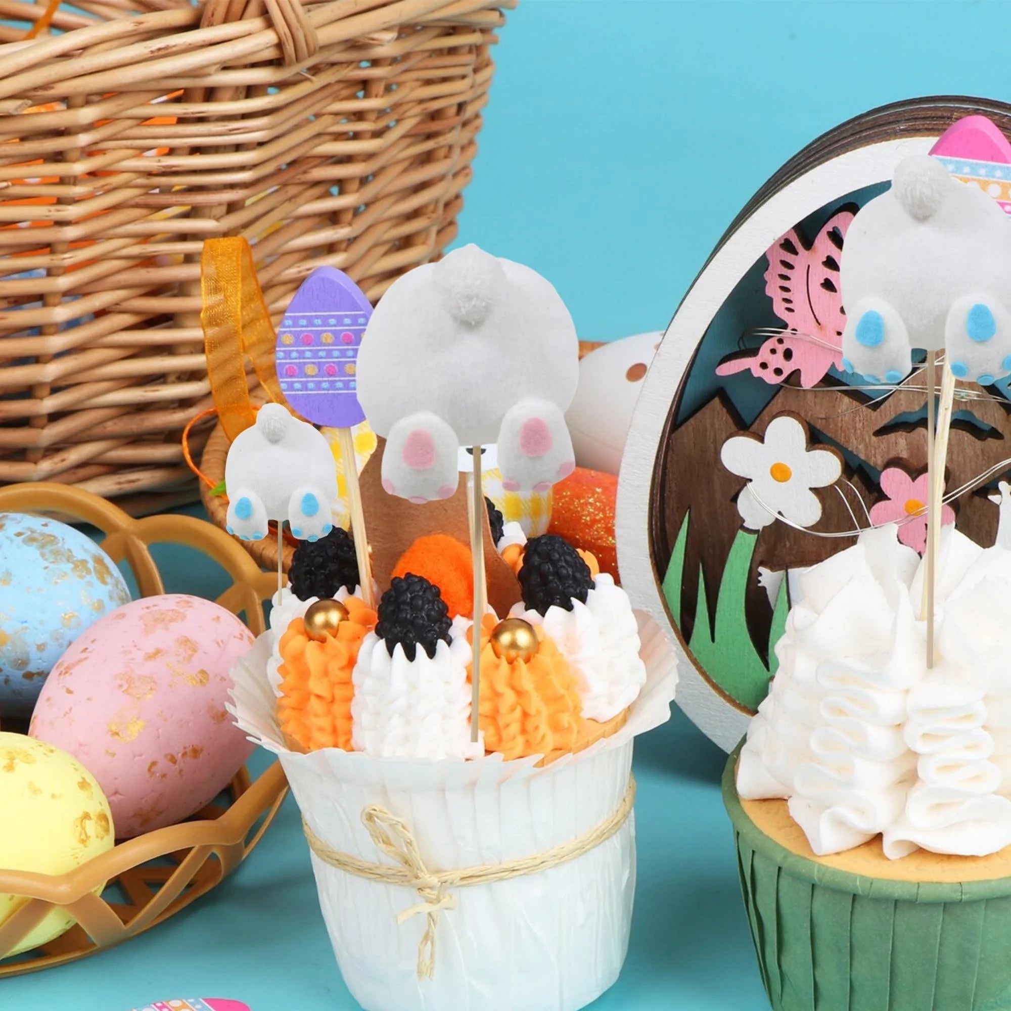 Easter Bunny Tail Cupcake Toppers Cake Picks for Spring Party Table Decor 4pcs T2982