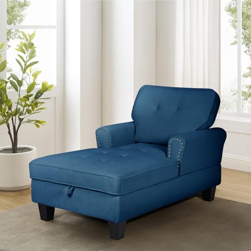 63" Sleeper Chaise Lounge Indoor，2 in1 Modern Corduroy Fabric Upholstered Recliner Sofa Bed with Adjustable backrest & Storage Space for Bedroom, Living Room，Office (Blue Corduroy)