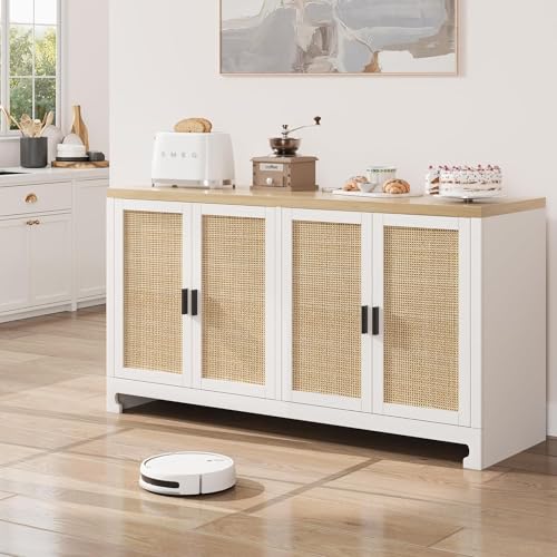 IDEALHOUSE Buffet Cabinet, Rattan Storage Cabinet with 4 Doors and Shelf, Sideboard Buffet Cabinet with Storage, Accent Cabinet Console for Dining Room, Living Room, Hallway (White)