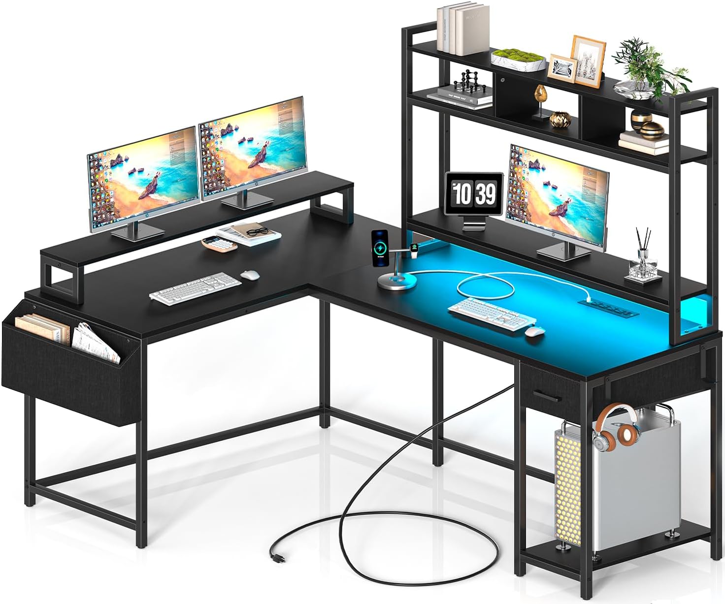 L Shaped Gaming Desk with Monitor Shelf and Power Outlets Q696200