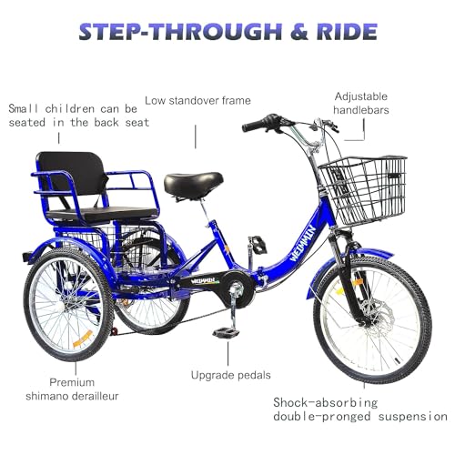 Adult Tricycle 7 Speed, 20 Inch 3 Wheel Folding Bike with Front & Rear Basket S591335