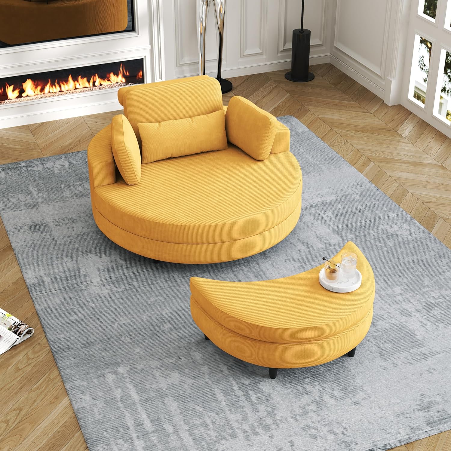 Oversized Accent Barrel Chair Soft Corduroy Upholstery Round Leisure Armchair w/Adjustable Headrest,4 Pillows,Storage Ottoman & Removable Tray for Home Apartment Living Room Hotel Lobby